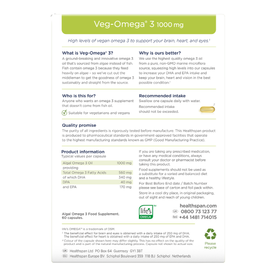 healthspan Veg−Omega® 3 1000 mg 60 Capsules