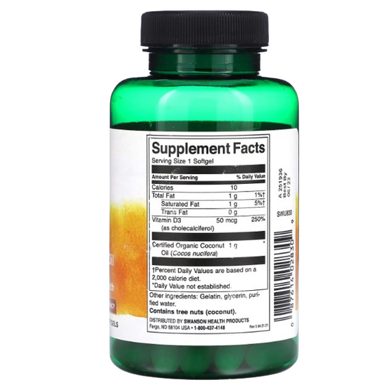 Swanson Vitamin D-3 with Coconut Oil, 2000 IU - 60 softgels
