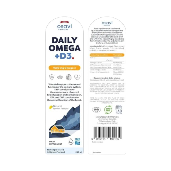 Osavi Daily Omega + D3 1600mg Omega 3 (Natural Lemon) 250ml